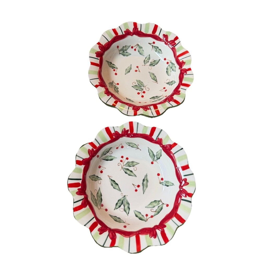 Jay Import Vintage Holly Christmas Bowl Set Of 2 Scalloped Edge 8”